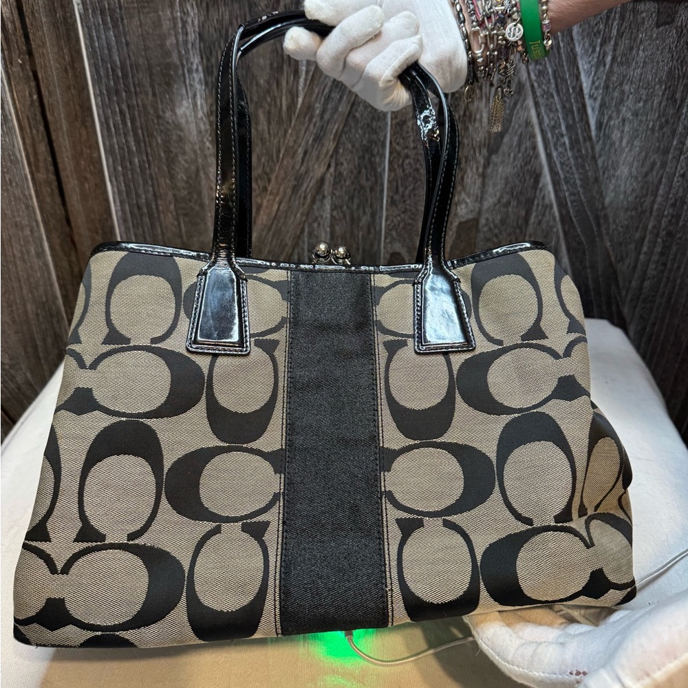 Coach Black and Brown Signature Tote With Kiss Lock